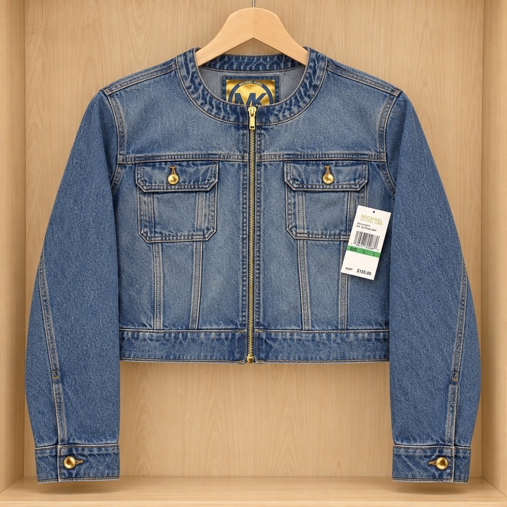 NWT - Michael Kors Women's Blue Jean Jacket Size L Zipper, Button Pockets